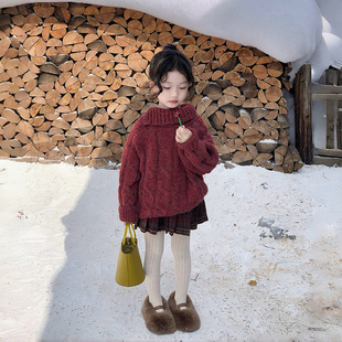 TOTObaby圣诞新年毛衣女童洋气红色翻领麻花套头毛衣慵懒风针织衫