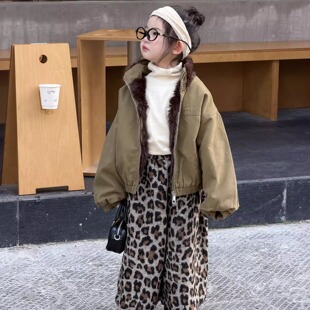 TOTObaby2025冬装韩版女童毛绒拼接卡其色棉服内里加绒保暖外套