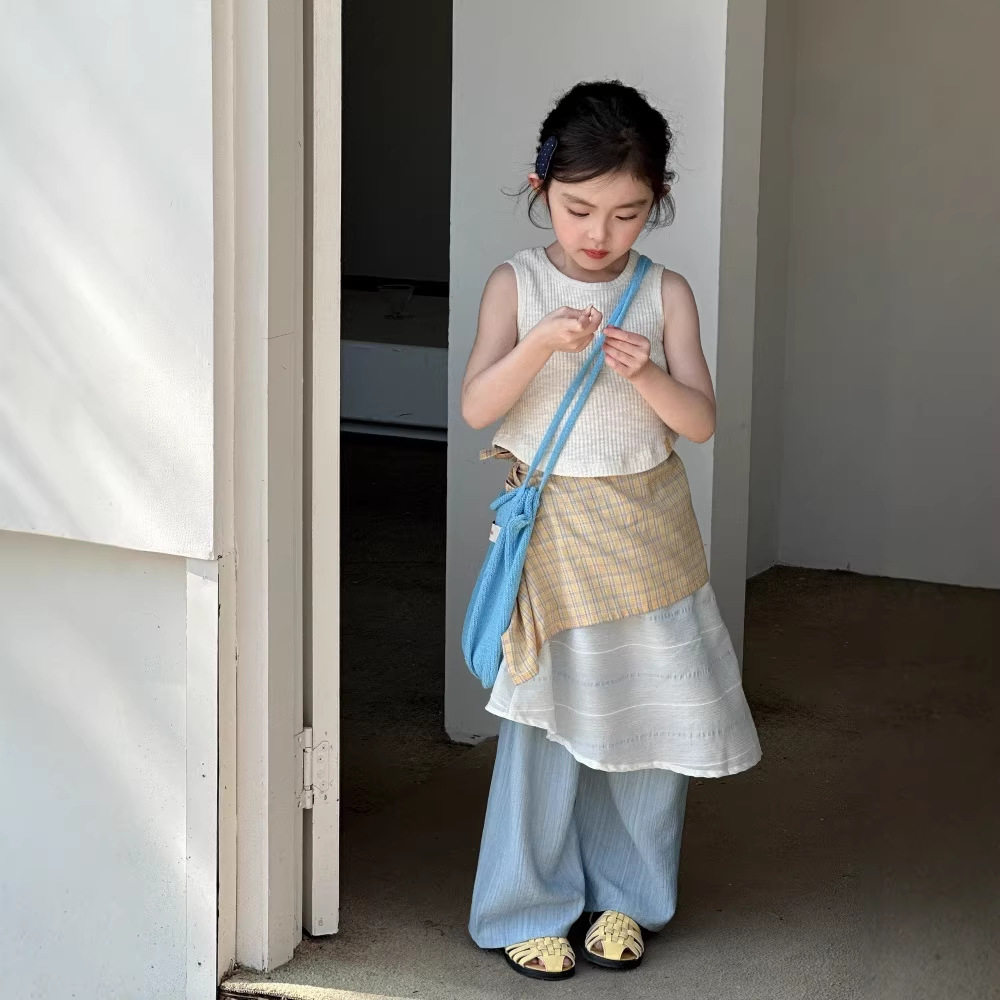 TOTObaby2026夏季新款女童短款坑条背心ins风韩系屁帘休闲裤套装