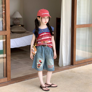 TOTObaby夏季女童美式复古假两件条纹撞色短袖T恤卡通牛仔五分裤