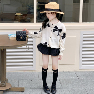 TOTObaby26春装女童miu系风蝴蝶结提花针织毛线开衫+花苞裙裤套装