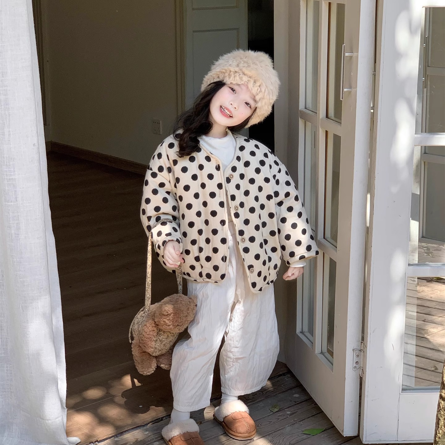 TOTObaby2025冬装新款韩版女童洋气波点棉服儿童加厚保暖棉衣外套