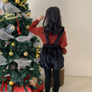 TOTObaby童装冬季新款女童可爱兔子尾巴黑色毛绒短裤花苞背带裤