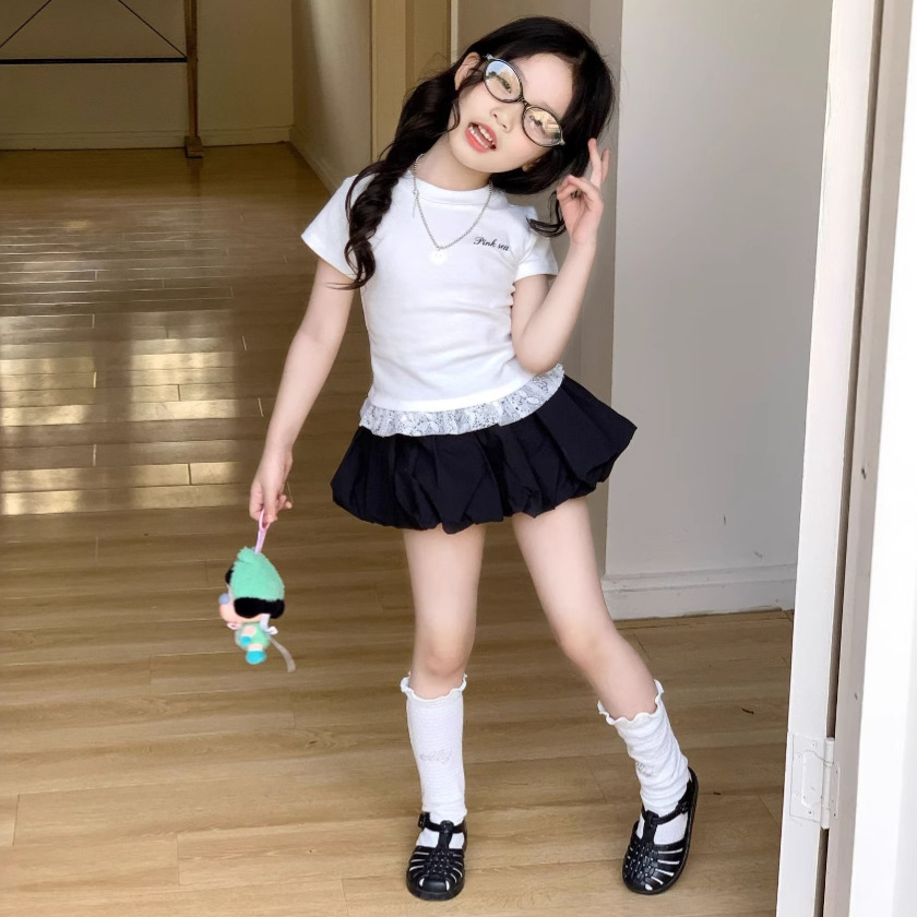 女童设计感蕾丝花边拼接短袖T恤