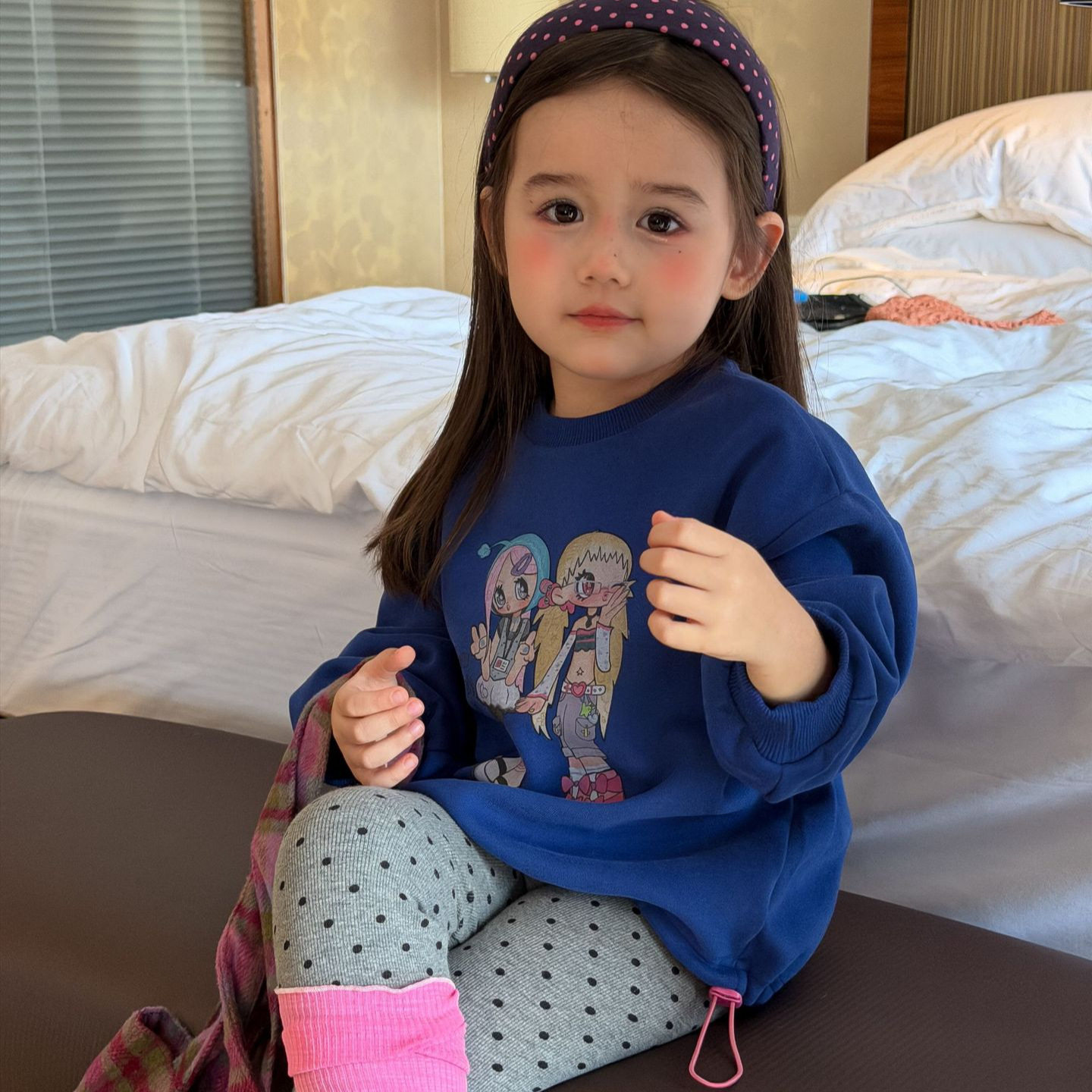 TOTObaby秋装新款韩版女童卡通印花宽松中长款长袖卫衣波点打底裤