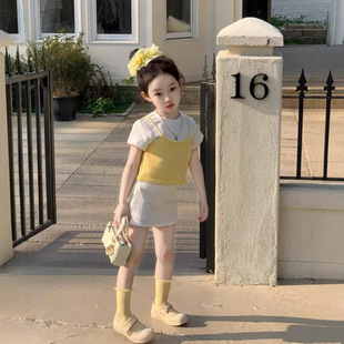 TOTObaby女童2026夏季新款韩版黄色针织吊带背心叠穿白色短袖T恤
