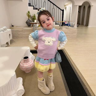 TOTObaby秋装新款韩版女童假两件拼接毛绒小狗套头毛衣蝴蝶结短裙