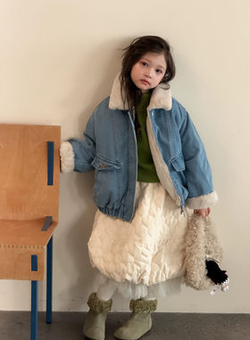 TOTObaby冬季新款韩版女童ins毛毛内胆牛仔外套儿童加绒翻领夹克
