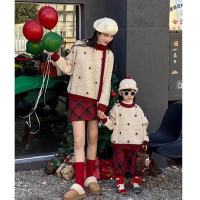 TOTObaby男女童秋冬新款球球毛衣儿童圣诞新年装复古撞色针织上衣