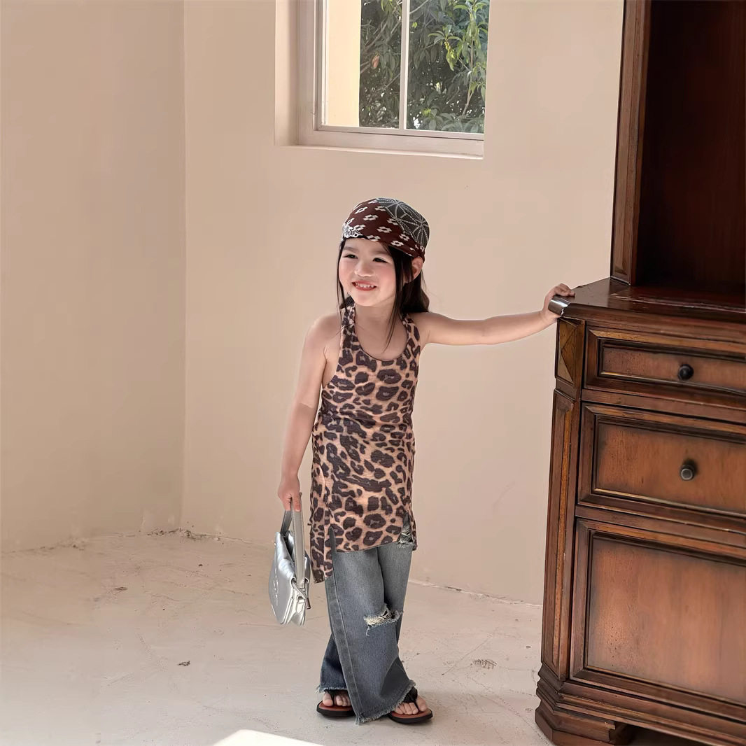 TOTObaby2026夏季新款女童时髦豹纹露背连衣裙破洞牛仔阔腿裤套装