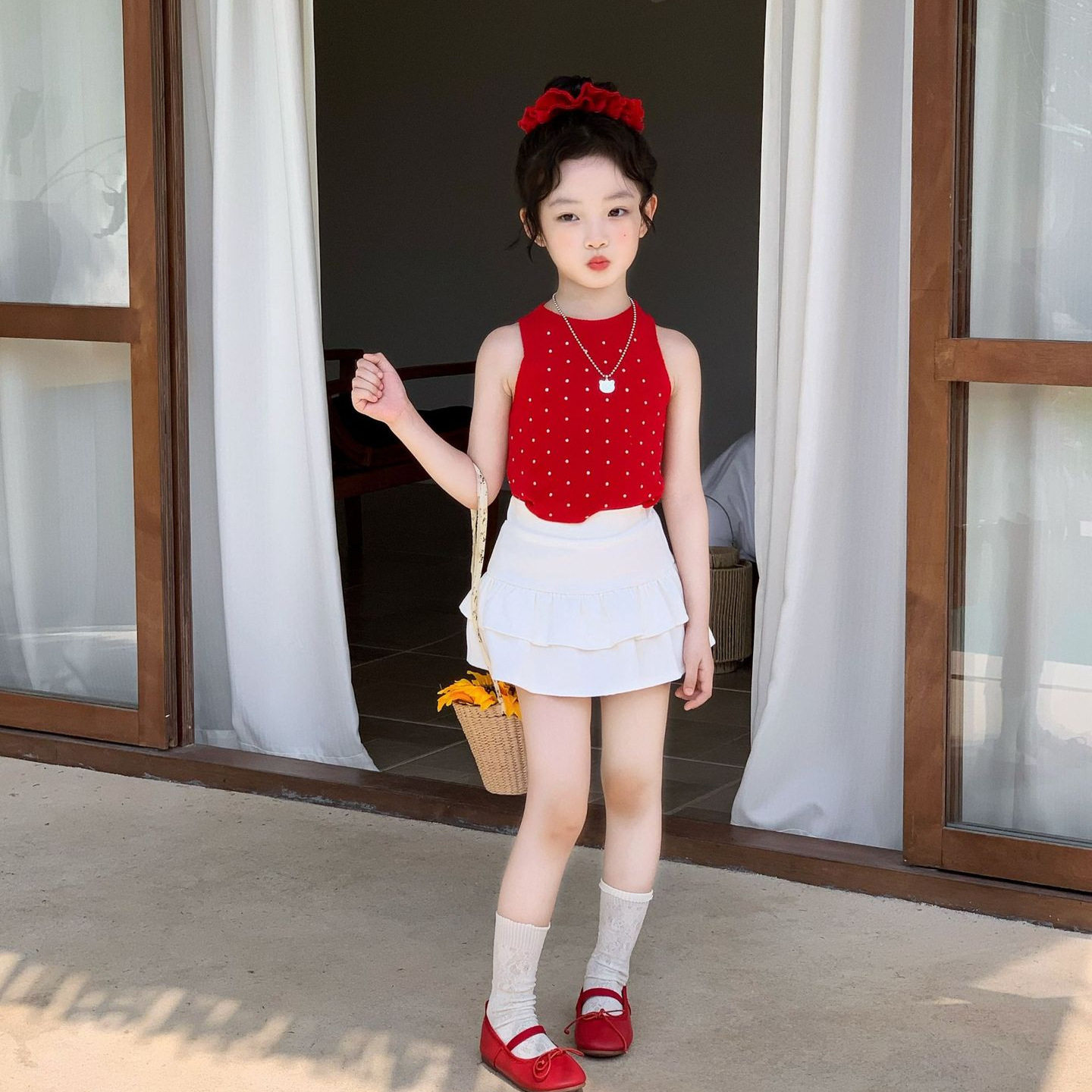 女童甜美波点针织背心冰丝无袖T