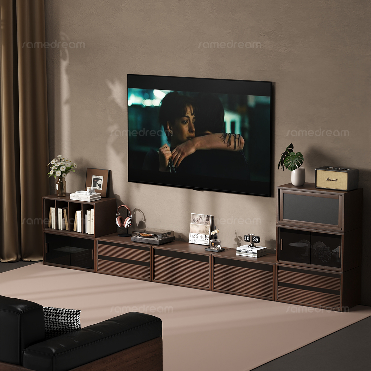 三梦模块化电视柜组合柜落地小户型2025新款实木中古风收纳储物柜