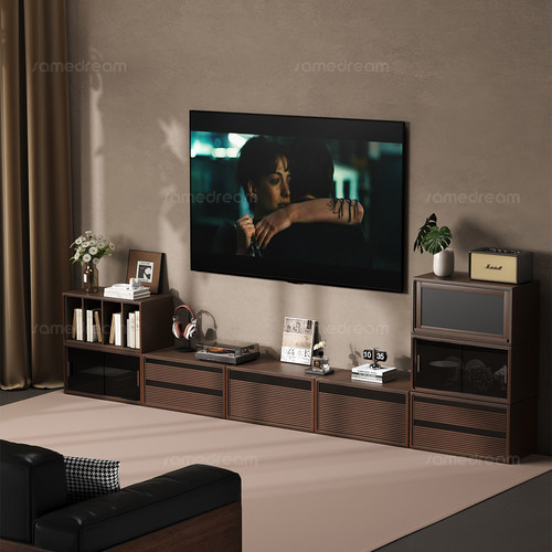 三梦模块化电视柜组合柜落地小户型2025新款实木中古风收纳储物柜