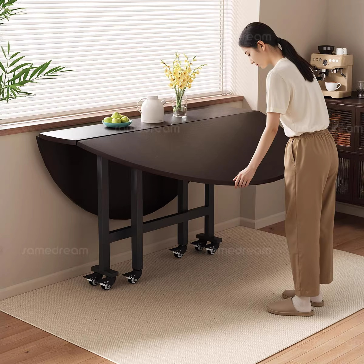 三梦折叠圆桌新型可移动带圆盘大圆桌折叠桌子家用10人小户型餐桌