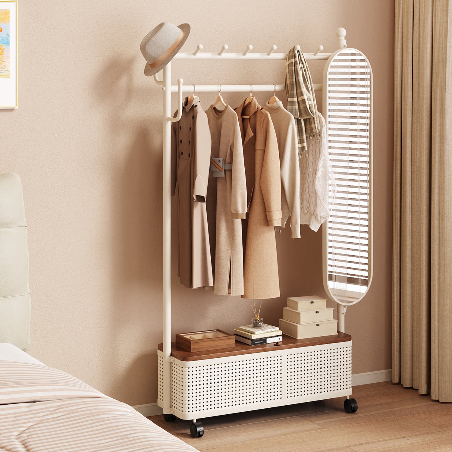 衣帽架落地卧室2026新款带镜金属房间挂衣服架子家用移动多功能