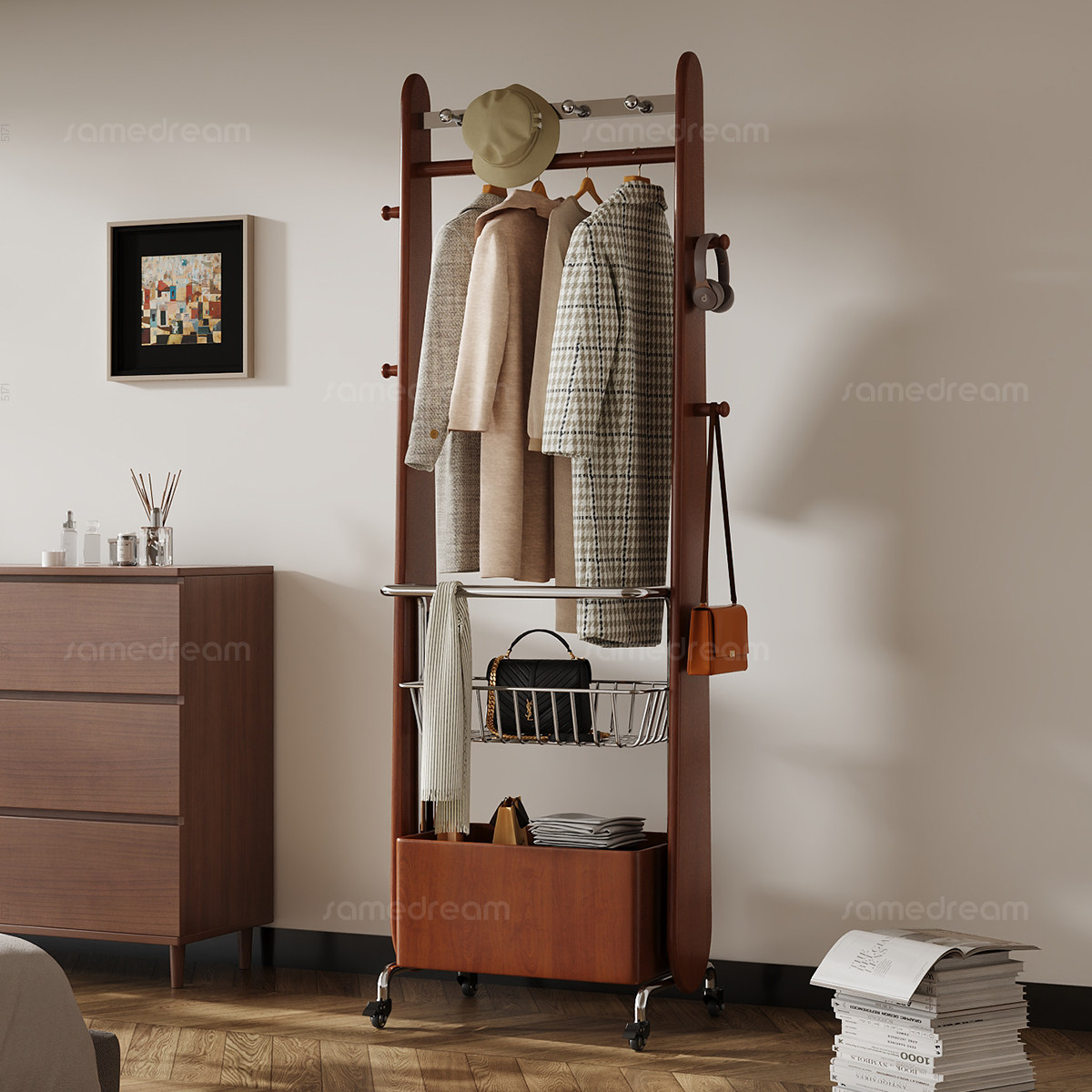 三梦实木卧室客厅小户型带轮移动挂衣架创意多功能落地衣帽架