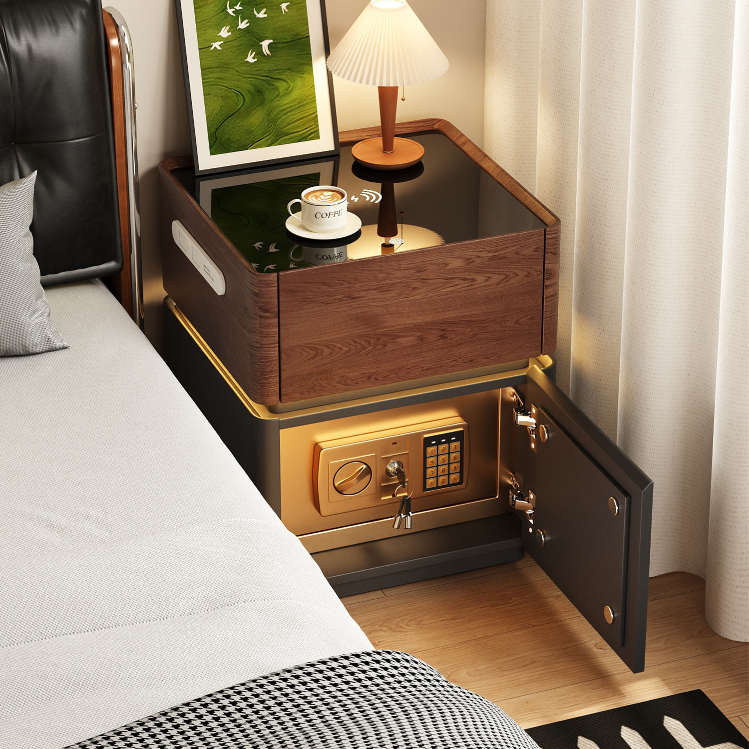 智能实木床头柜保险箱一体家用卧室床头柜高级感轻奢小型保险柜,住宅家具,床头柜,淘宝优惠券,粉丝福利购,淘宝优惠卷