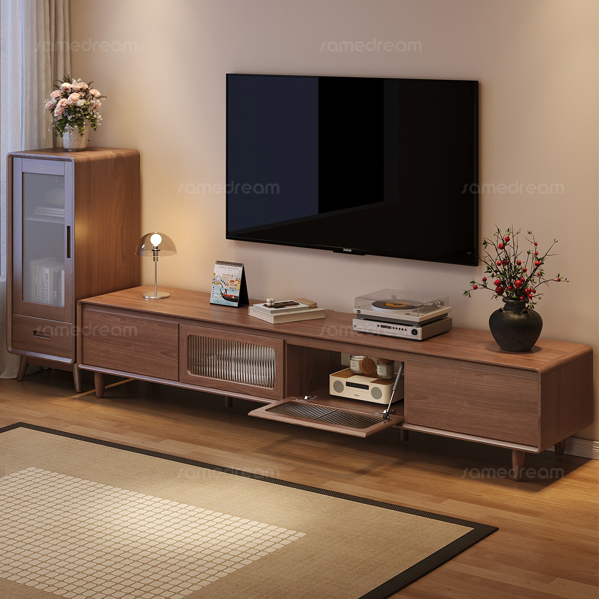 三梦实木落地中古风电视机柜家用客厅2025新款电视机柜一体小户型,住宅家具,电视柜,淘宝优惠券,粉丝福利购,淘宝优惠卷