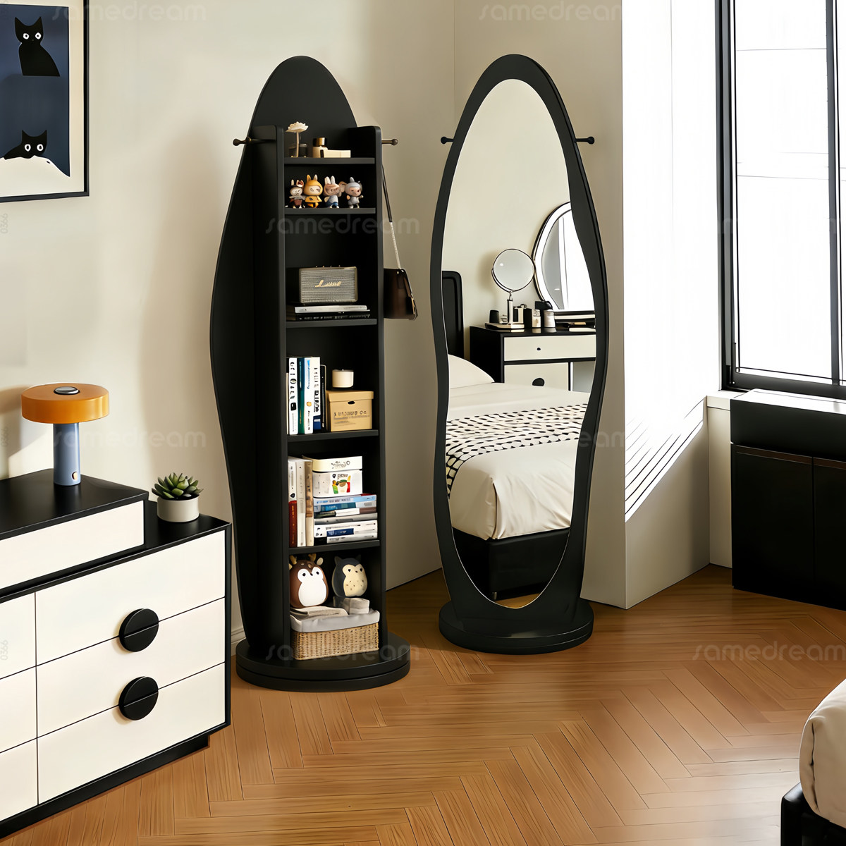 全身镜落地镜家用卧室杂志架储物穿衣镜子女生卧室可旋转试衣镜子