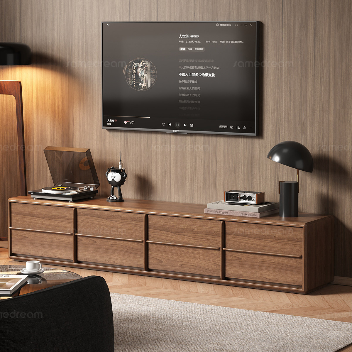 三梦骨骼线电视柜落地中古风小户型2025新款客厅胡桃实木电视机柜,住宅家具,电视柜,淘宝优惠券,粉丝福利购,淘宝优惠卷