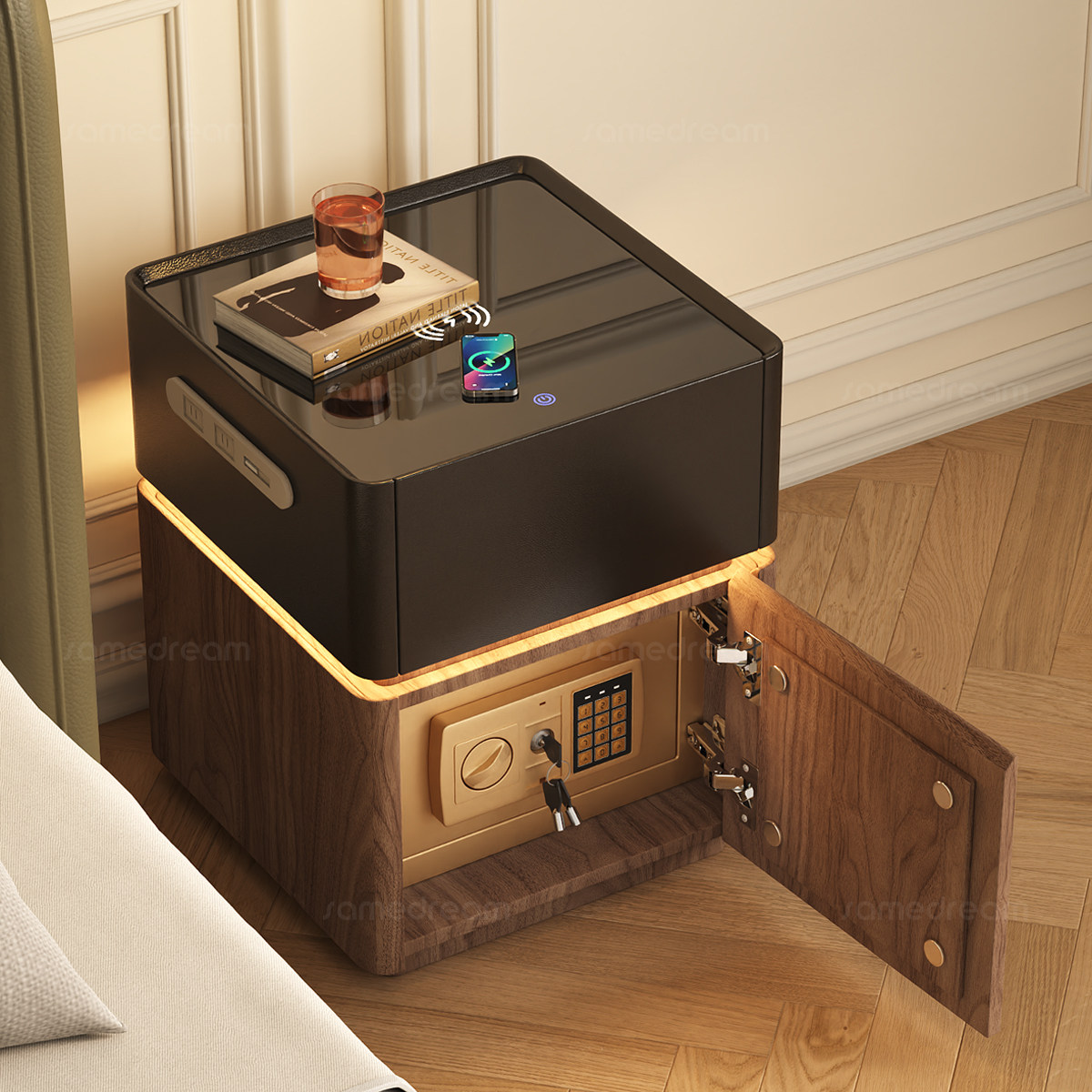 三梦智能床头柜保险箱一体带锁实木家用卧室中古奶油风小型床边柜,住宅家具,床头柜,淘宝优惠券,粉丝福利购,淘宝优惠卷