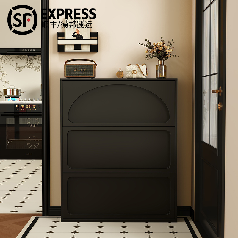 三梦黑色实木超薄款鞋柜新款2024爆款家用门口玄关柜鞋柜一体室内
