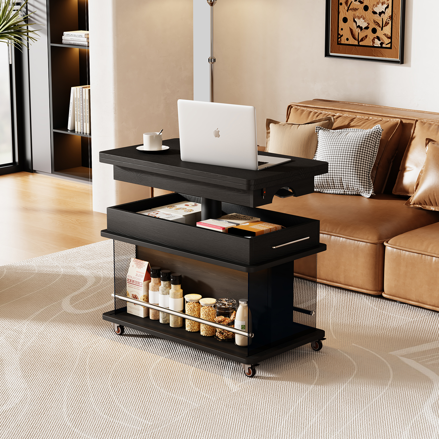 可移动茶几小户型实木升降沙发边几客厅小推车中古折叠茶几桌边柜