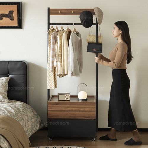 三梦床头柜衣帽架一体可移动中古风实木床边代替神器小型置物架