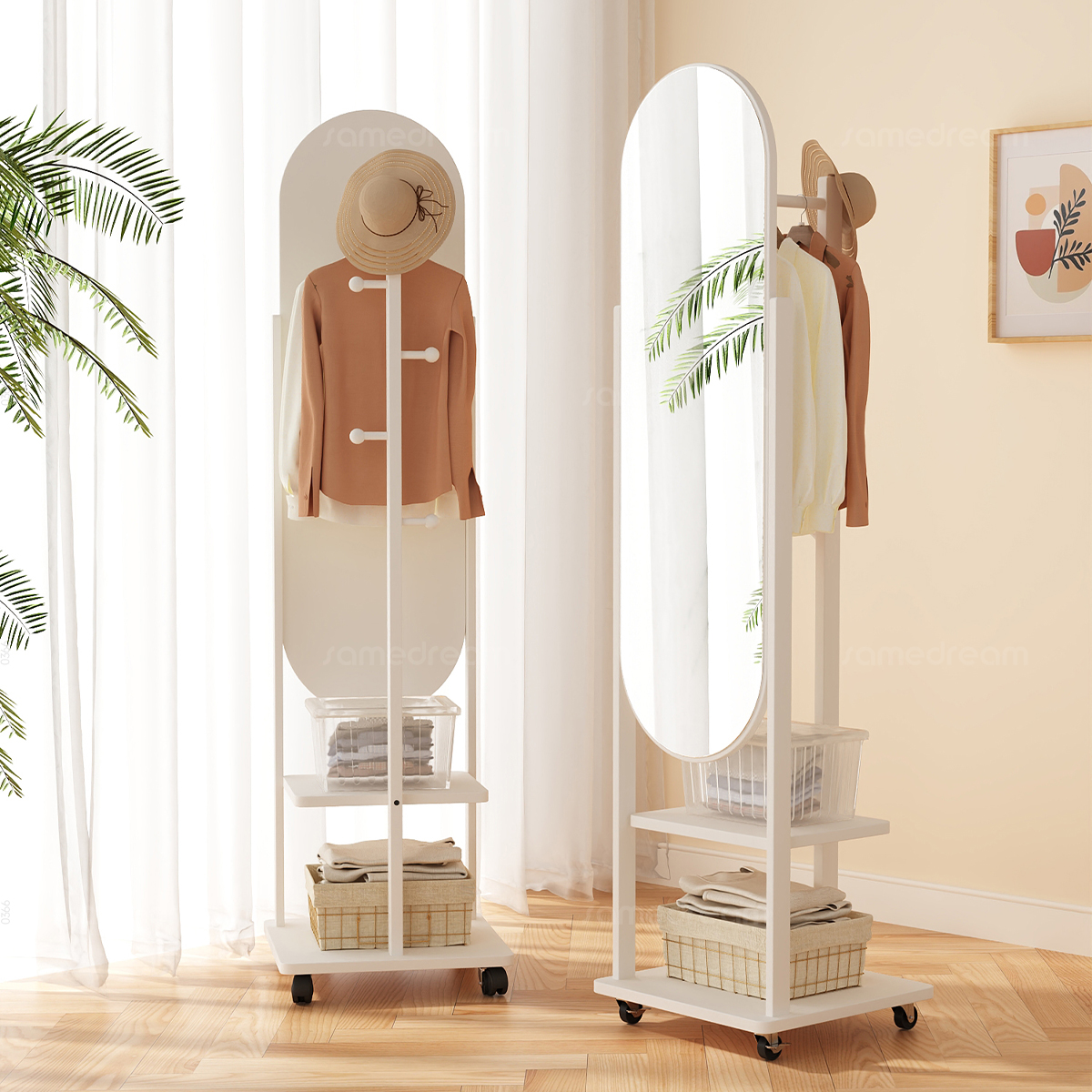 实木全身镜储物可移动落地镜