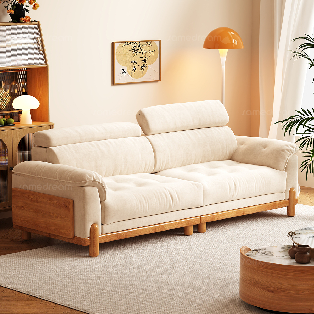 奶油原木风布艺沙发小户型2025客厅直排简约雪尼尔可拆洗实木沙发