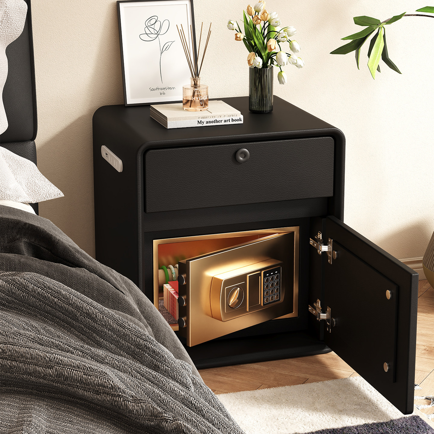 智能实木床头柜保险箱一体简约家用卧室带锁轻奢高级感小型保险柜,住宅家具,床头柜,淘宝优惠券,粉丝福利购,淘宝优惠卷