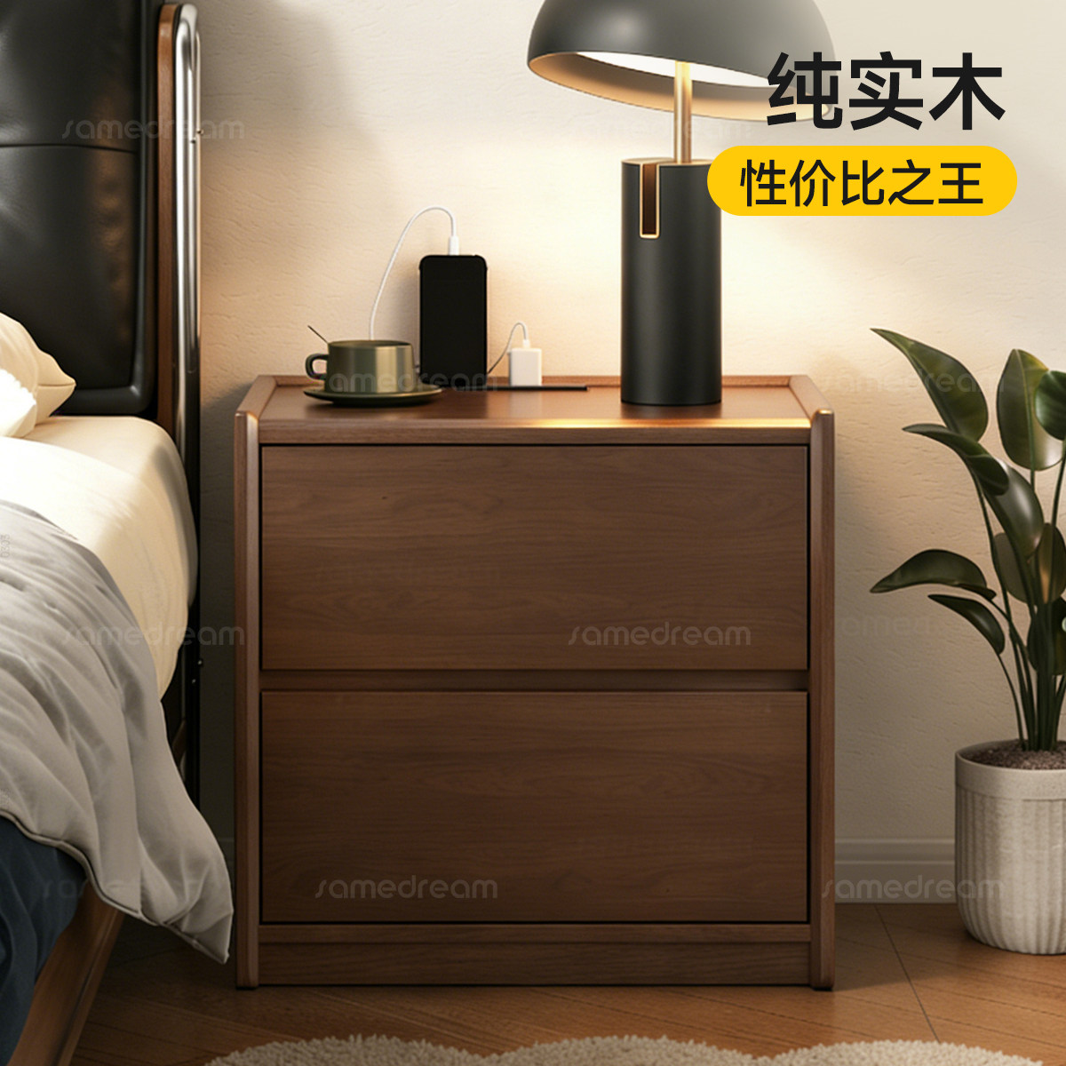 纯实木床头柜家用卧室带锁小柜子2025爆款中古风小型床边收纳柜子