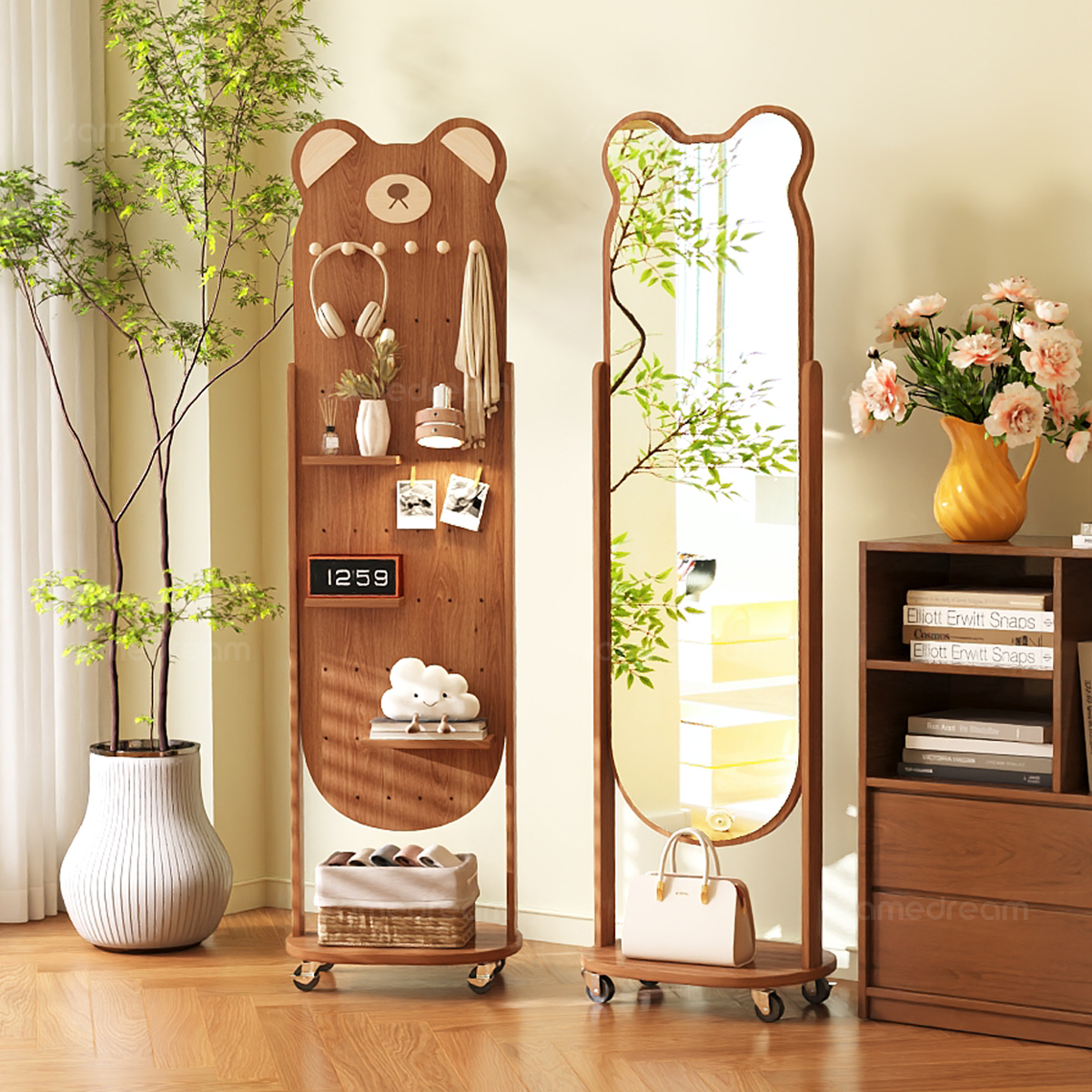 实木可移动旋转洞洞板穿衣镜子