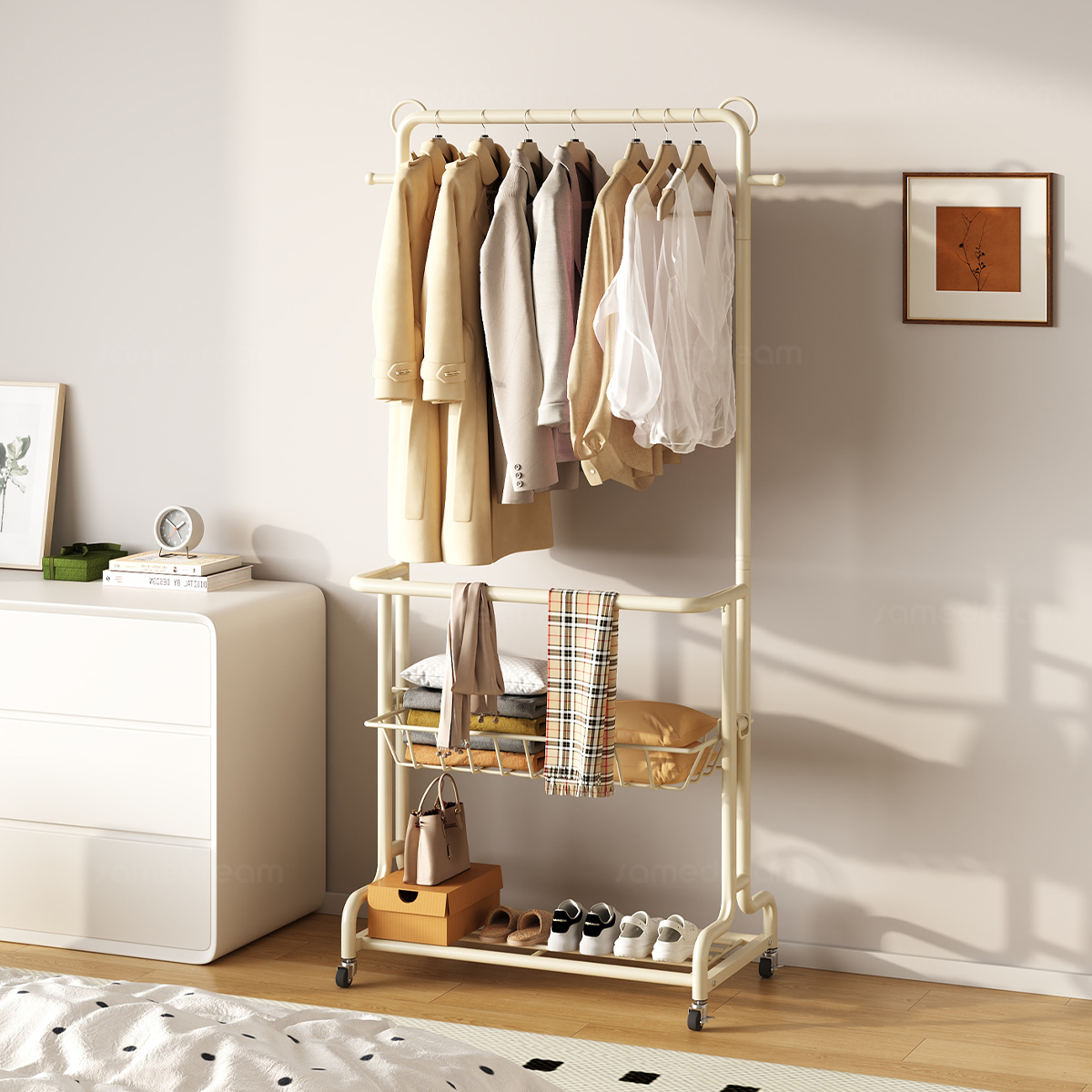 挂衣架落地卧室家用房间室内双杆晾晒衣服架子可移动多功能衣帽架
