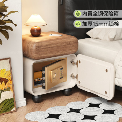 三梦智能床头柜保险箱一体带锁实木家用卧室中古奶油风小型床边柜