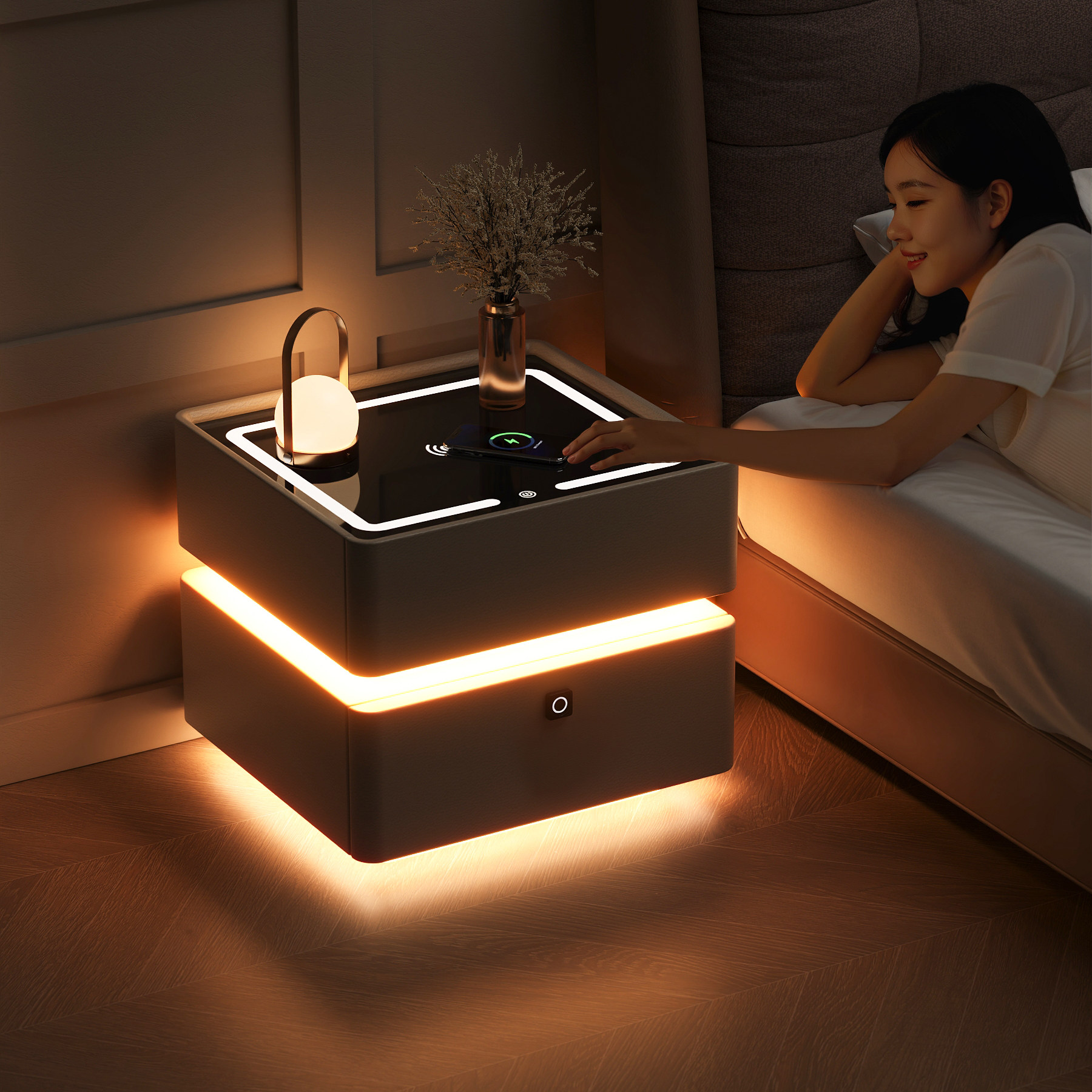 智能床头柜实木家用卧室2026爆款床边柜子轻奢高级感小型收纳柜