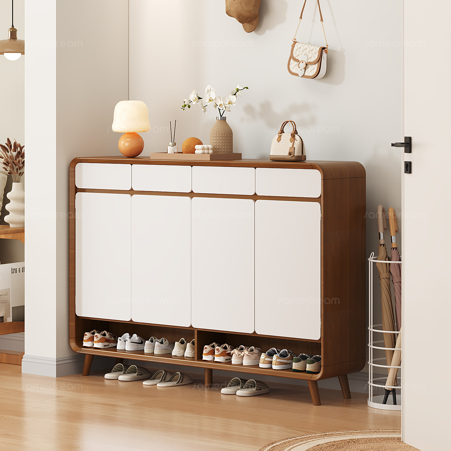 三梦实木玄关鞋柜收纳柜一体靠墙家用门口入户室内胡桃色多层鞋柜