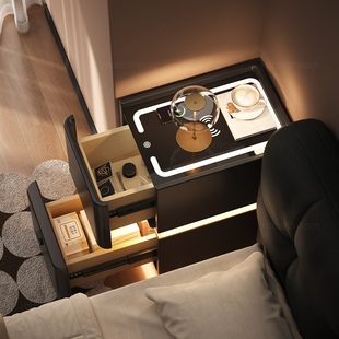 智能床头柜实木家用卧室小型床边柜子轻奢高级感极窄指纹锁收纳柜