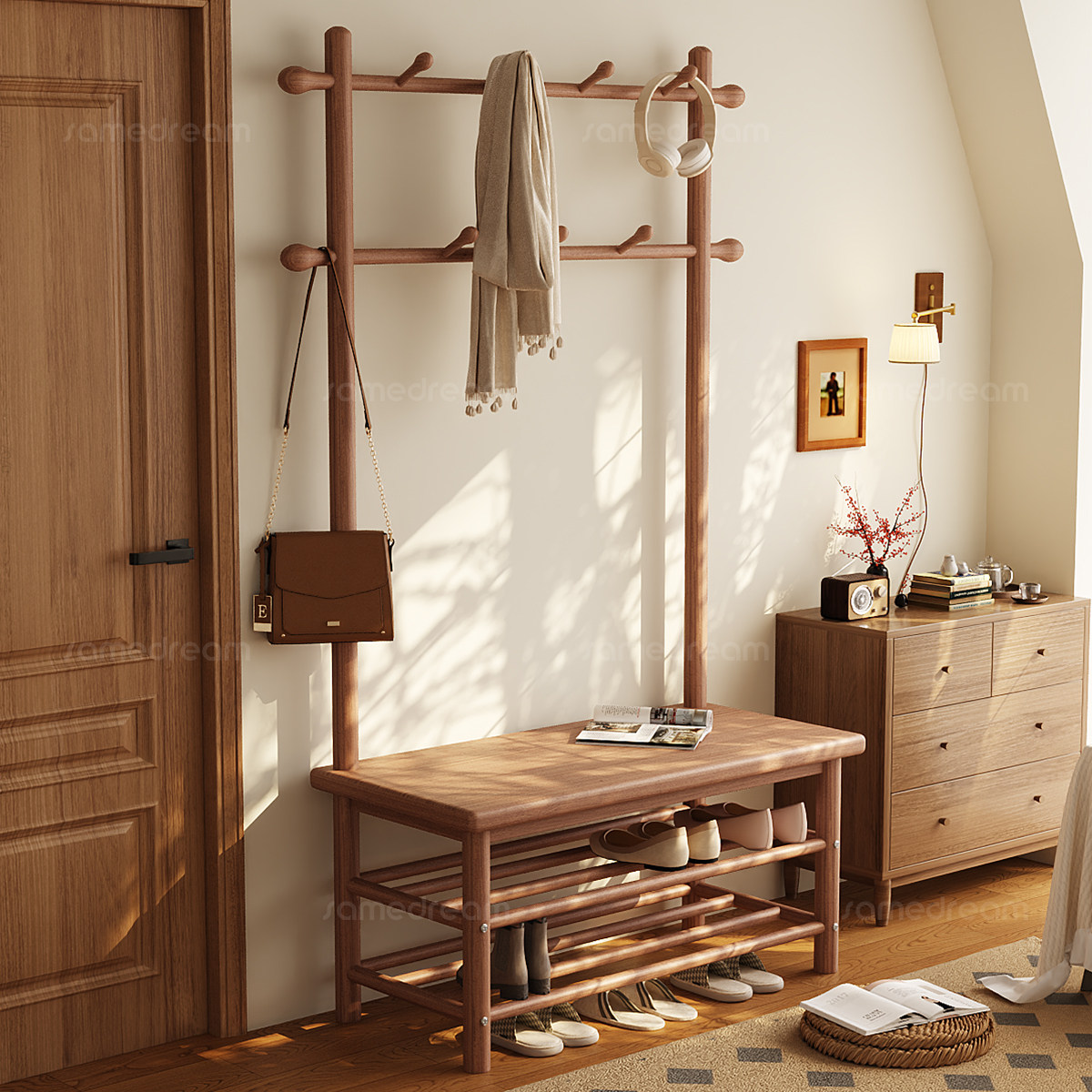 三梦实木换鞋凳挂衣架鞋架子鞋柜