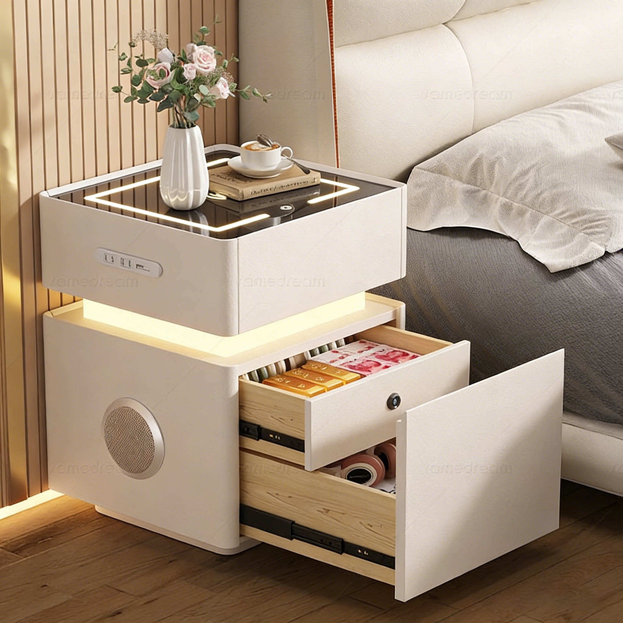 三梦2025新款智能带密码锁床头柜实木简约现代小型多功能卧室音响