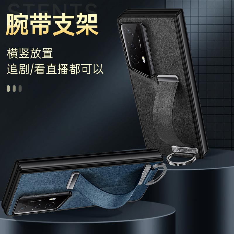 适用荣耀magicv2手机壳手腕带支架时尚潮女款荣耀magicv2 rsr保时捷轻奢皮革油腊皮高档商务男保护套全包防摔