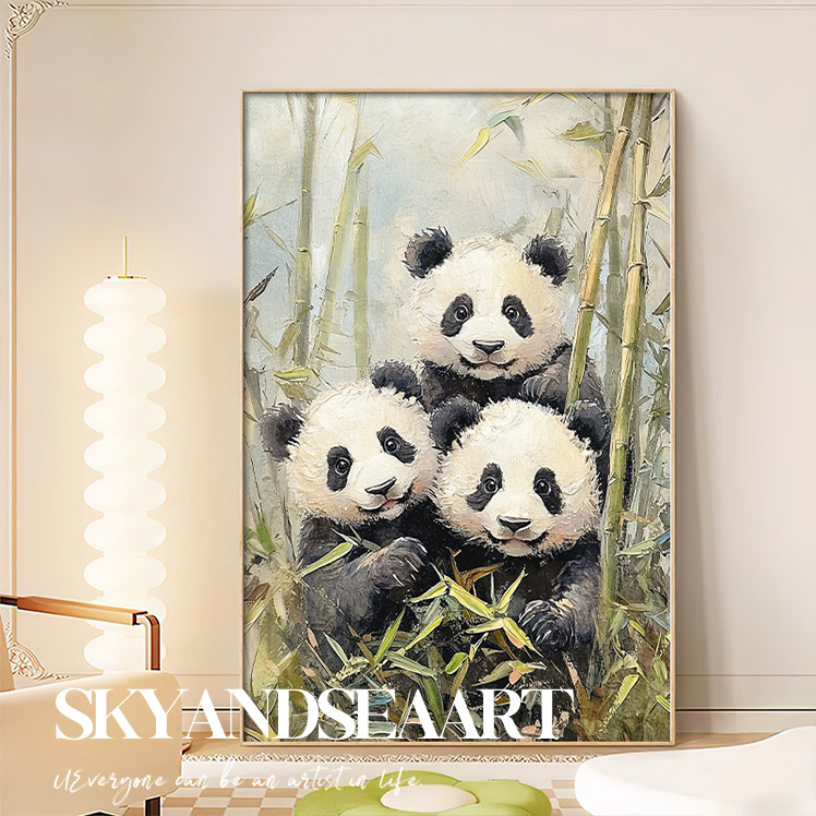 熊猫一家三口客厅装饰画奶油风沙发背景墙挂画落地画入户玄关壁画,家居饰品,现代装饰画,淘宝优惠券,粉丝福利购,淘宝优惠卷