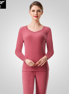 犇业冬女保暖内衣套装加厚双面磨毛蕾丝花边v领秋衣秋裤E120 E146