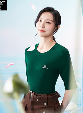 犇业女圆领中袖莫代尔五分袖t恤显瘦螺纹小衫9635
