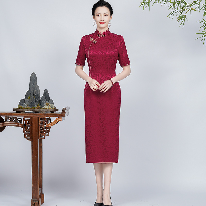 钱塘佳人红色高贵旗袍夏季喜婆婆喜妈妈礼服气质醋酸中长婚宴旗袍