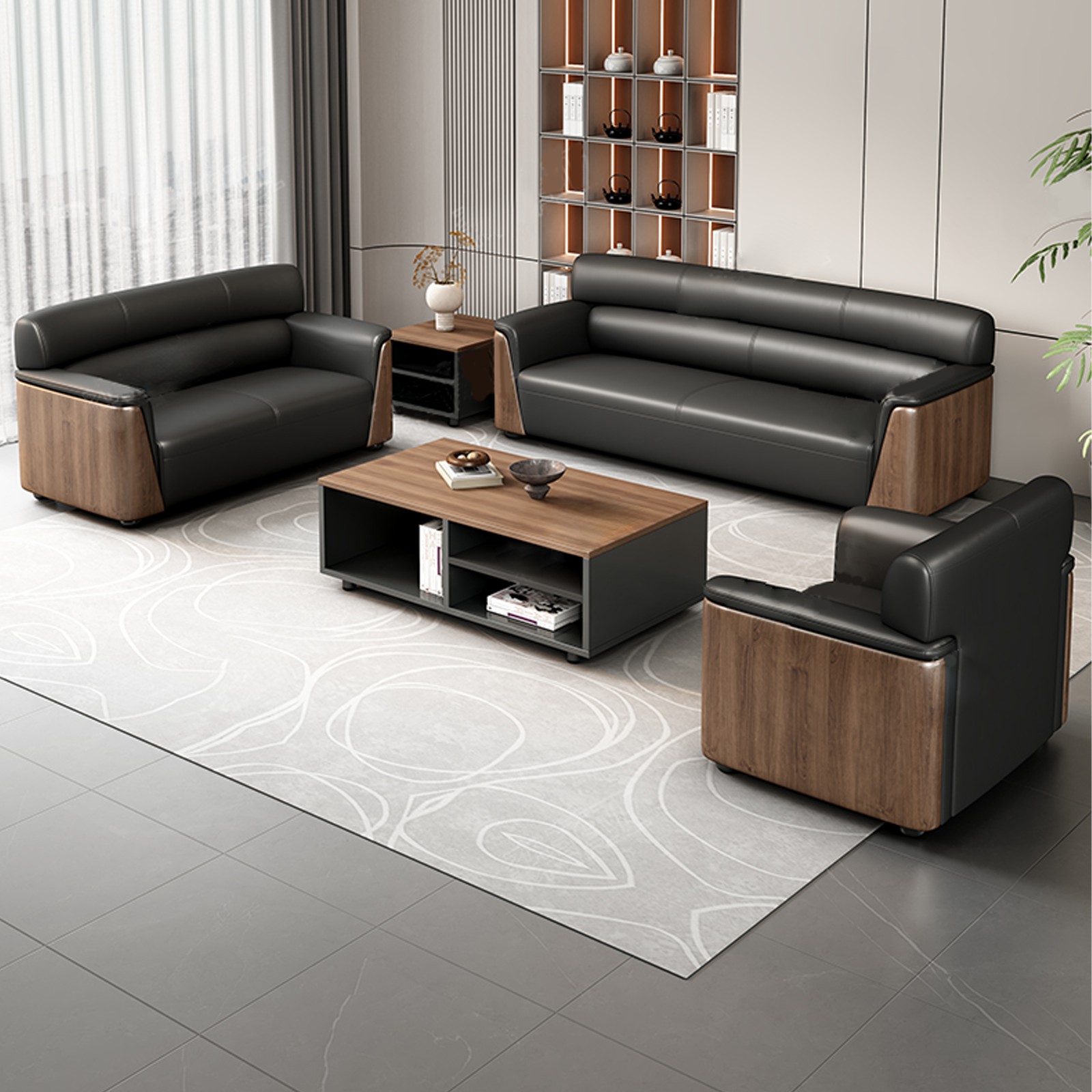 舒特迪办公沙发老板办公室会客现代简约茶几商务接待西皮组合定制