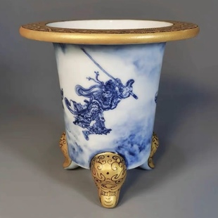 马说盆器之美 大德堂描金兽足手绘青花大闹天宫图风兰盆 附证书