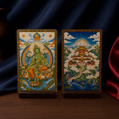 绿度母刺绣藏式唐卡小卡54×86mm双面满版印刷高清便携文创收藏卡