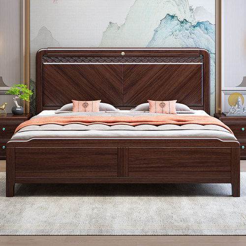 新中式双人乌金木实木床