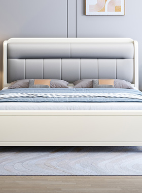 实木床1.8米双人床灰色软包真皮1.5m白色主卧现代简约法式奶油风